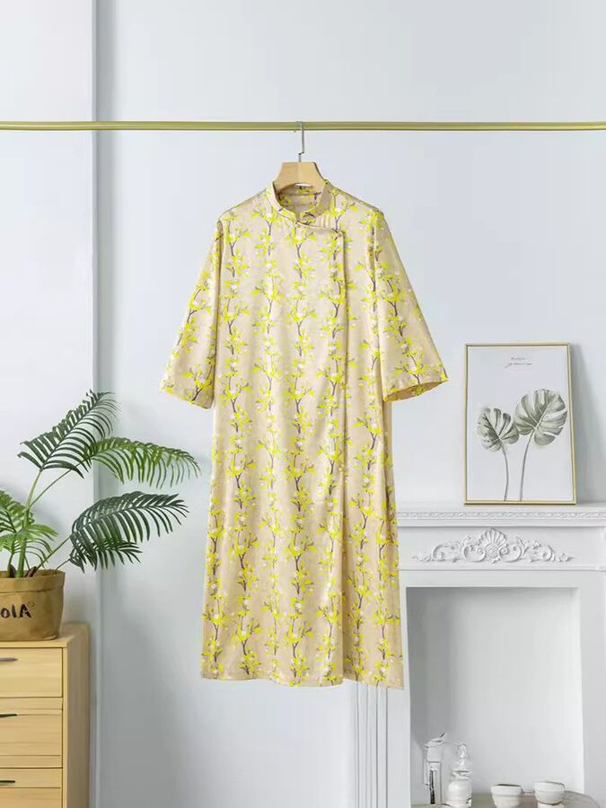 Silk Floral Satin Midi Chinese Style Dress