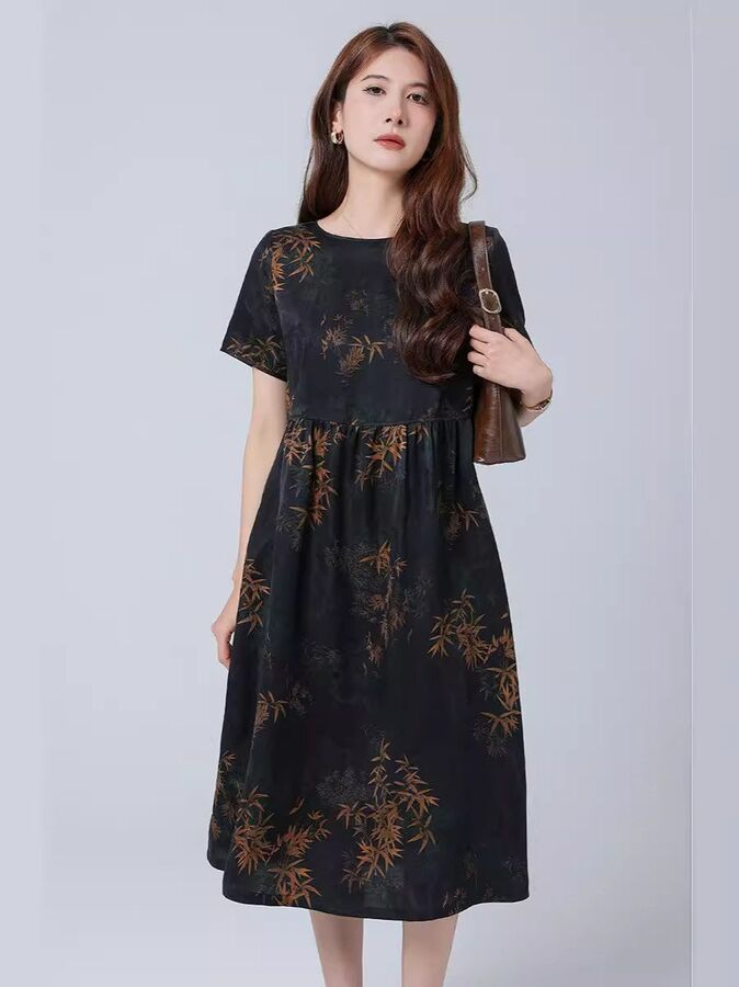 Silk Floral Short Sleeve Vintage Dress
