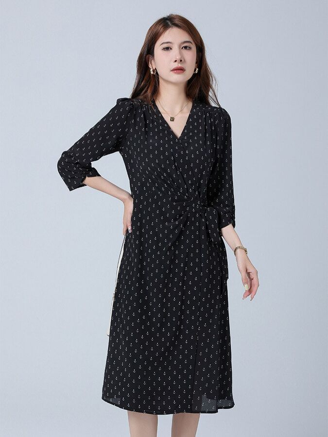 Silk Floral V-Neck Puff Sleeve Midi Dress