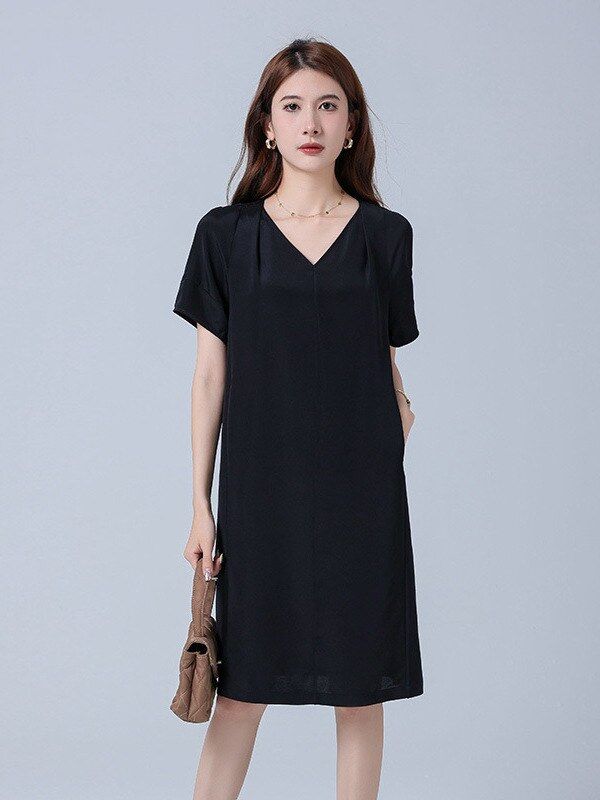 Silk Black V-Neck Short Sleeve Office Dress