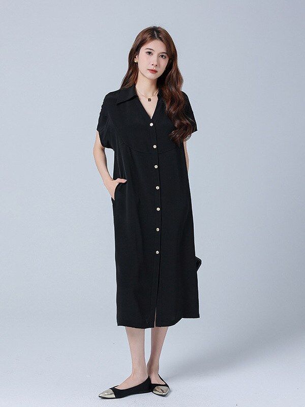 Silk Black V-Neck Short Sleeve Midi Dress