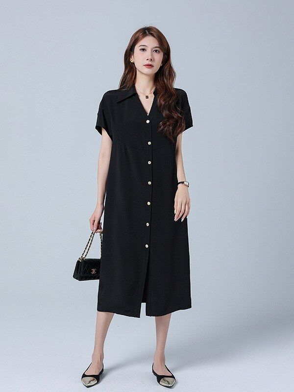 Gaun Midi Sutra Hitam V-Neck Lengan Pendek view 4