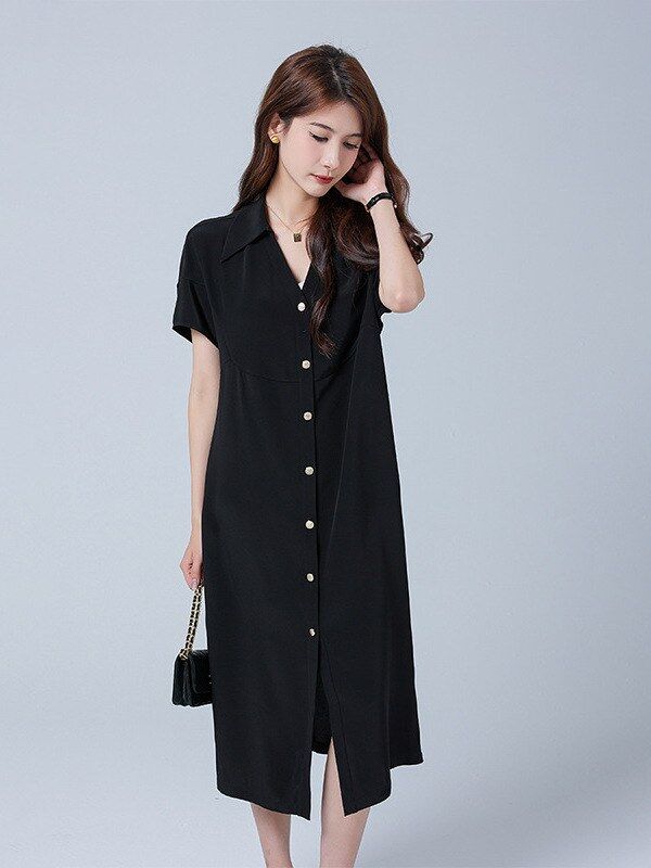 Gaun Midi Sutra Hitam V-Neck Lengan Pendek view 5