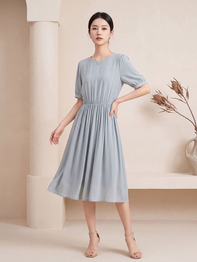 Silk White Short Sleeve Midi Dress