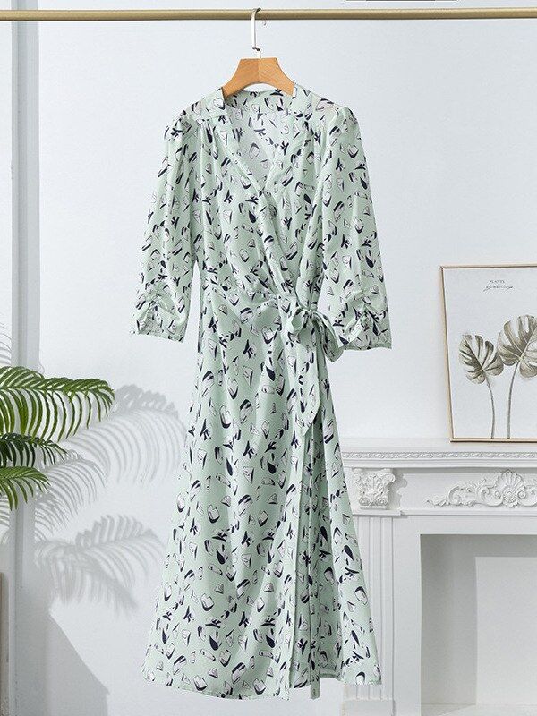 Silk Floral V-Neck Three-Quarter Sleeve Midi Dress