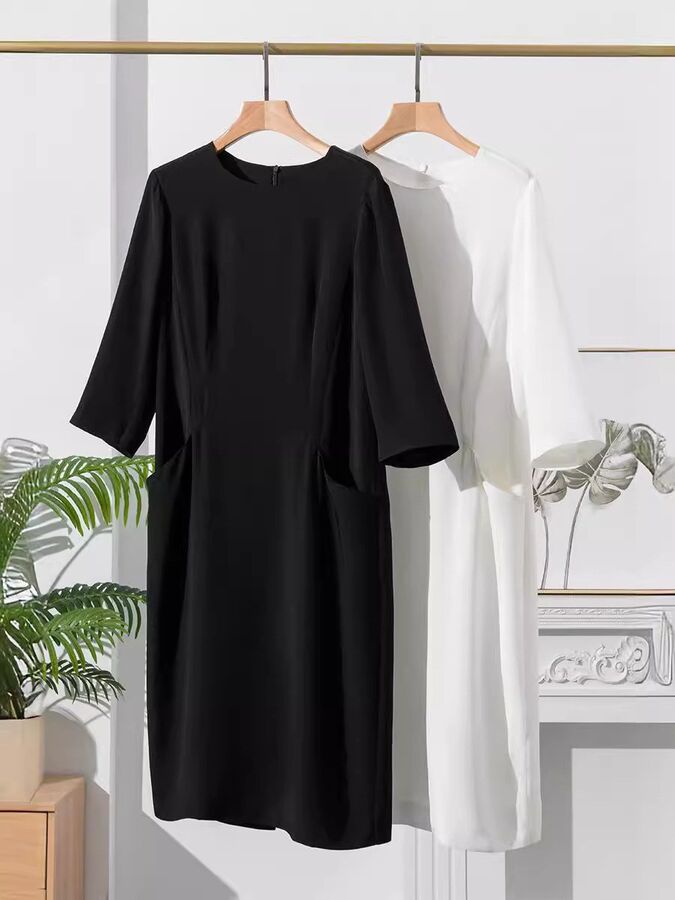 Silk Solid Three-Quarter Sleeve Office Dress