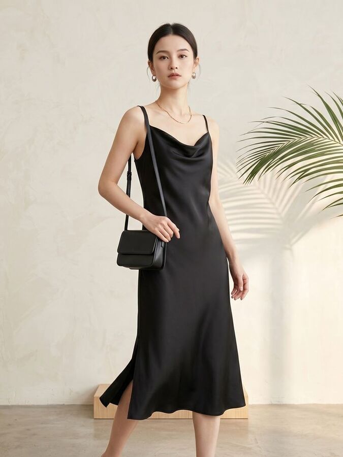 Gaun Slip Satin Sutra Tanpa Lengan view 7