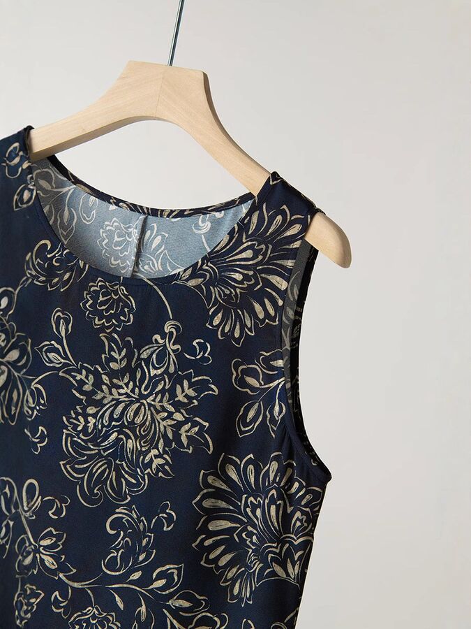 Silk Floral A-Line Dress Sleeveless view 3