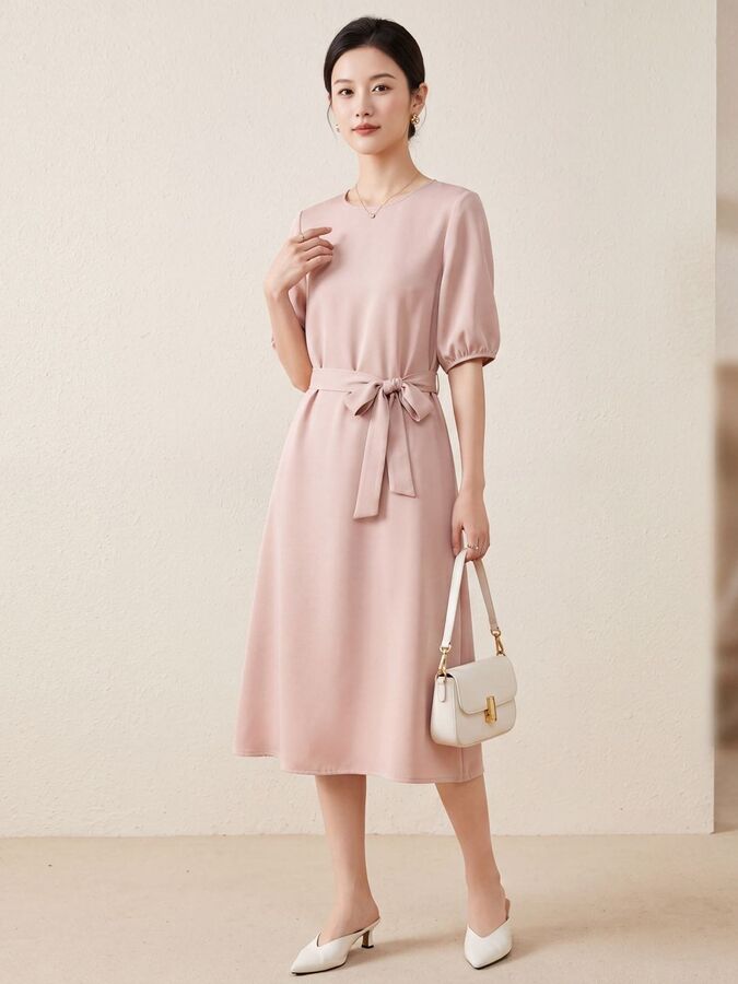 Silk Dress Five Sleeve Office in Pink and Black