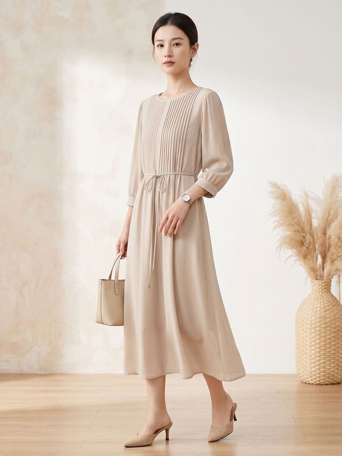 Silk Round Neck Midi Dress with Tie in Apricot