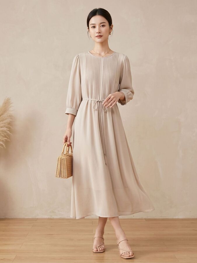 Silk Round Neck Midi Dress with Tie view 2