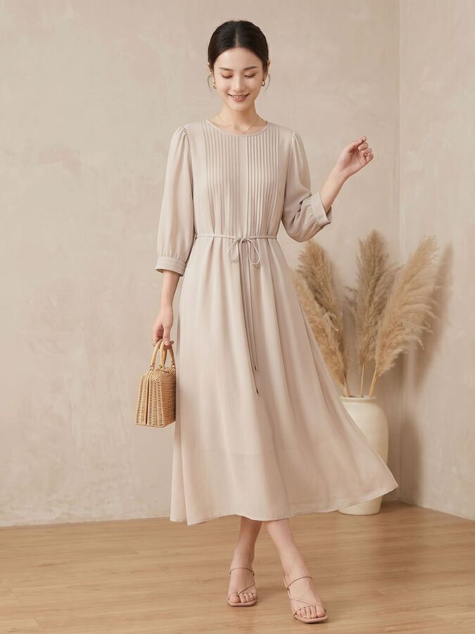 Silk Round Neck Midi Dress with Tie view 3