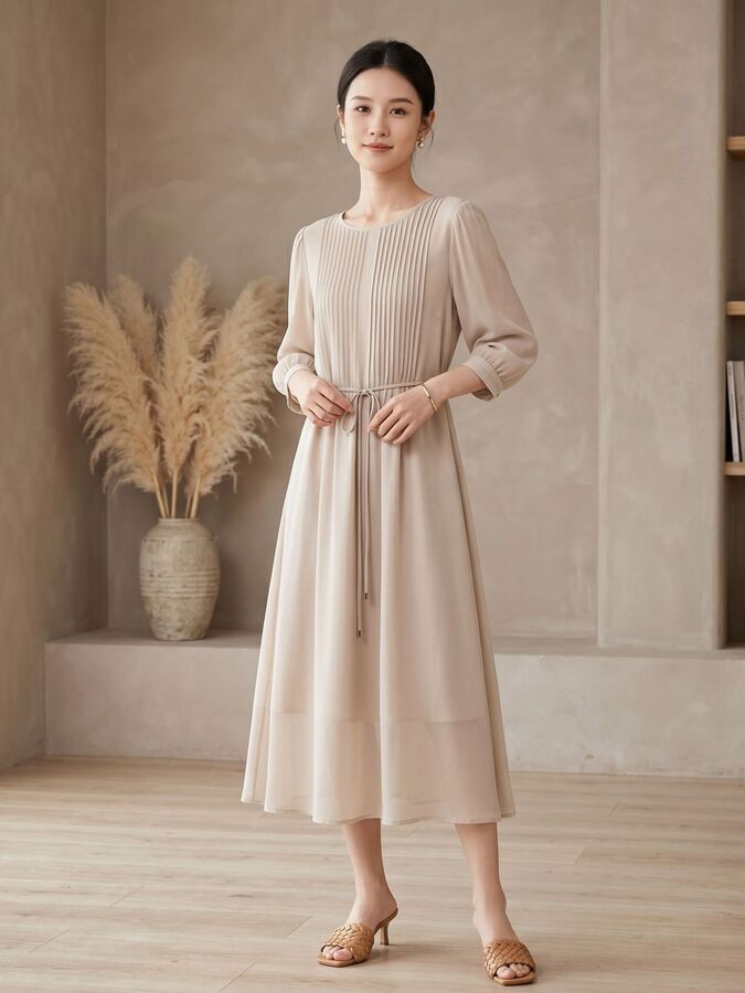 Silk Round Neck Midi Dress with Tie view 4