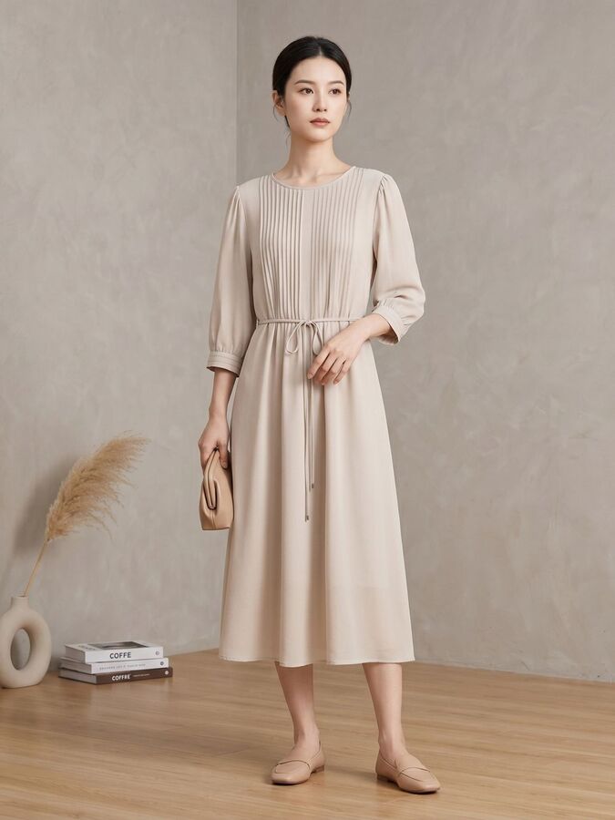 Silk Round Neck Midi Dress with Tie view 5