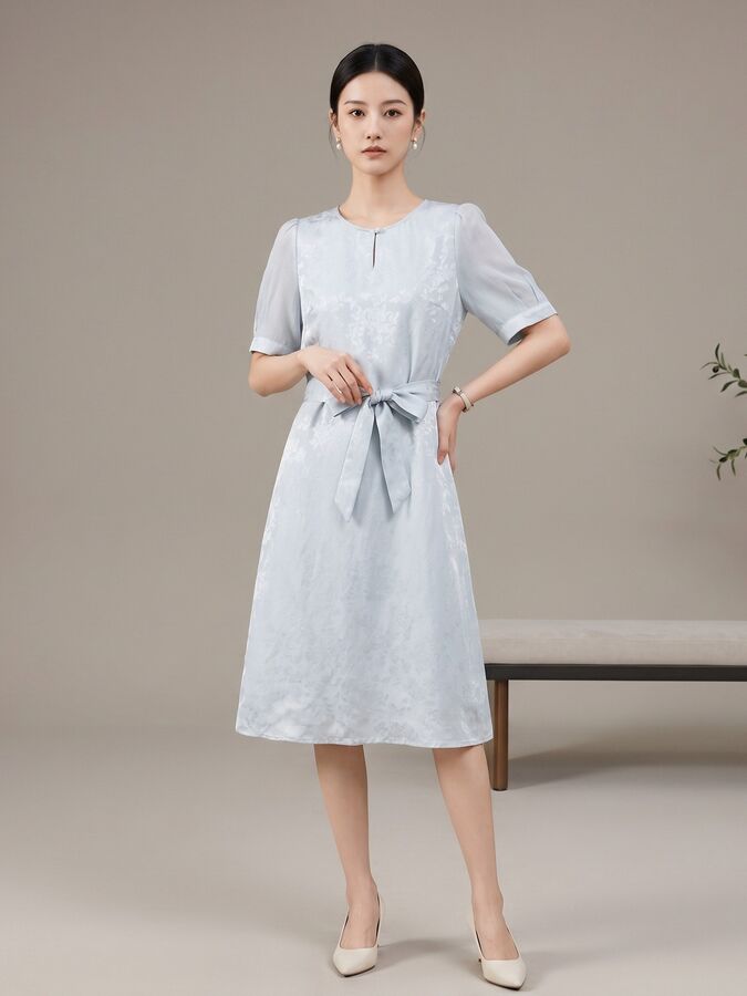 Short Sleeve Silk Jacquard A-Line Dress in blue jacquard
