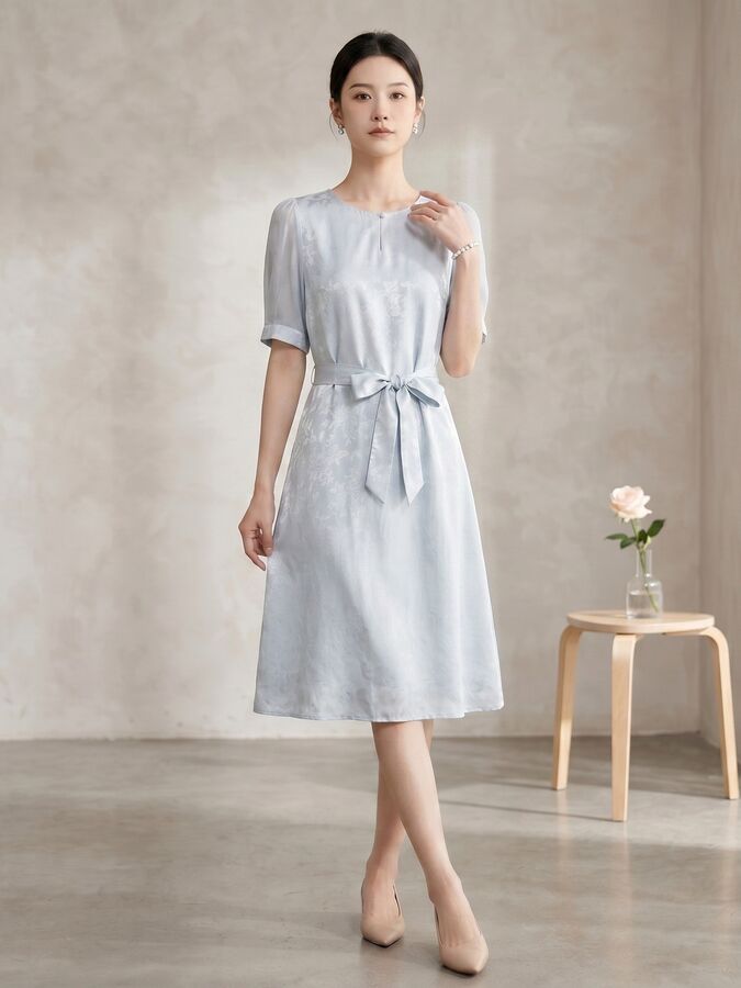 Vestido línea A de jacquard de seda de manga corta view 2