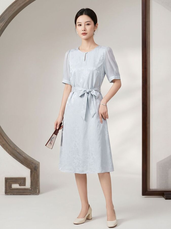 Vestido línea A de jacquard de seda de manga corta view 5