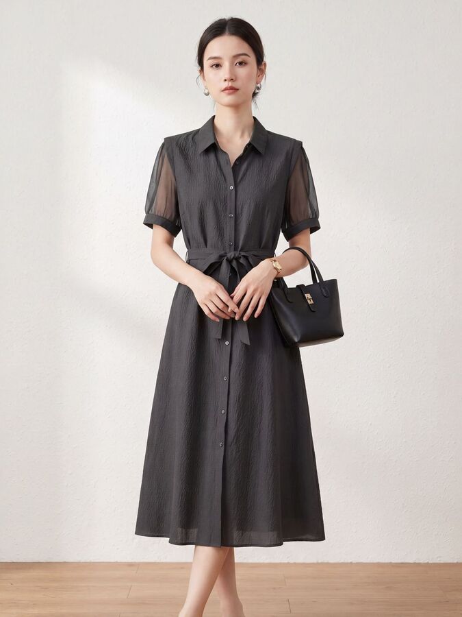 Jacquard silk short sleeve A-line dress in grey and black