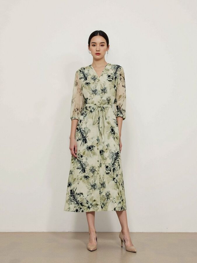 Silk floral print three-quarter sleeve dress