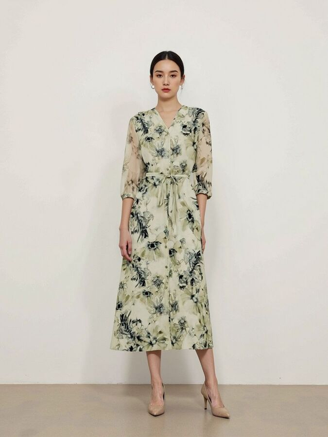 Seidenkleid mit Blumenmuster und Dreiviertelarm view 3