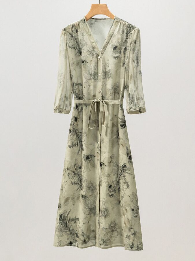 Seidenkleid mit Blumenmuster und Dreiviertelarm view 4