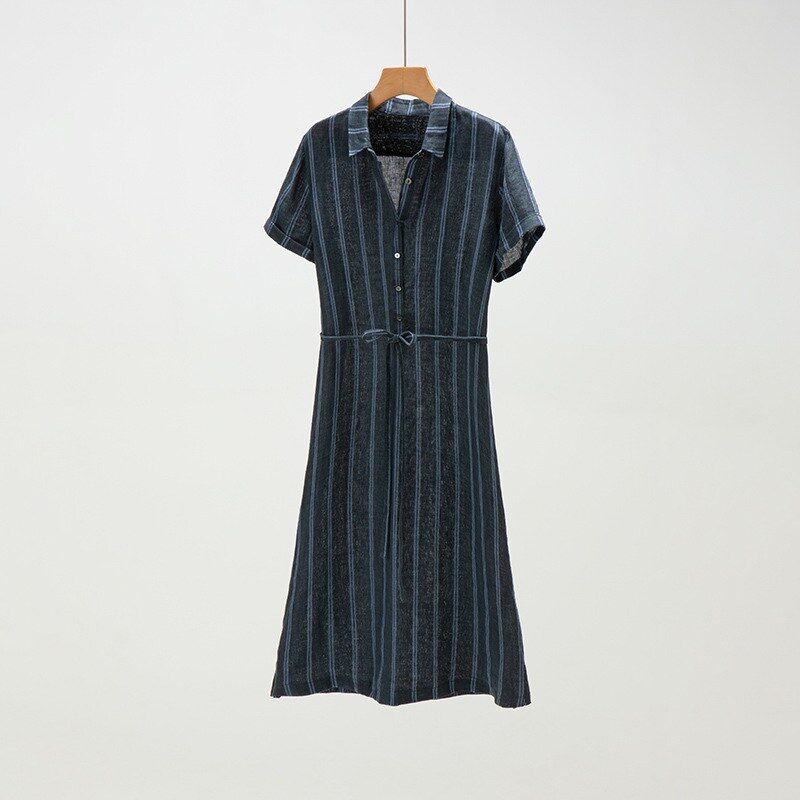 Short Sleeve Linen Striped A-Line Dress view 6