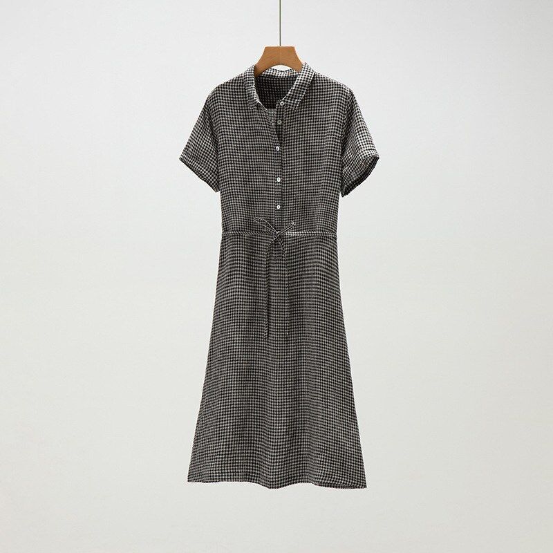 Short Sleeve Linen Striped A-Line Dress view 7