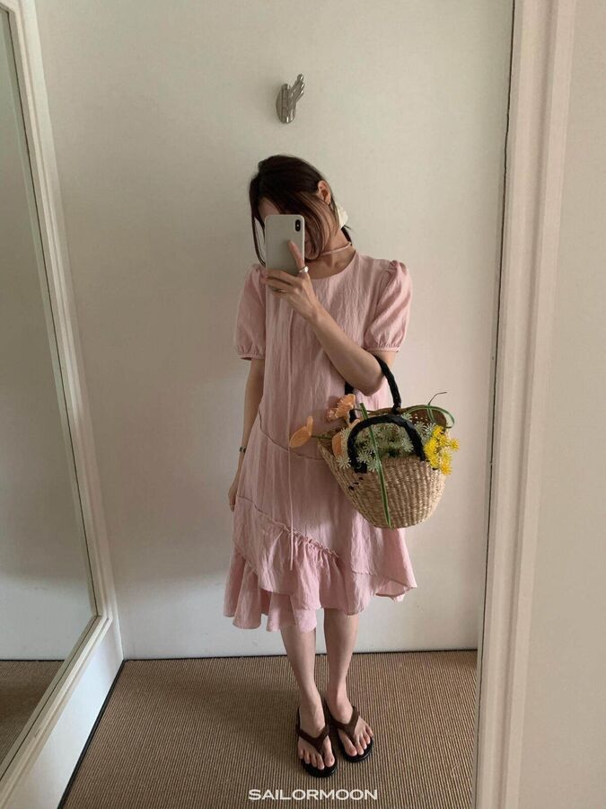 Korean lace trim round neck dress