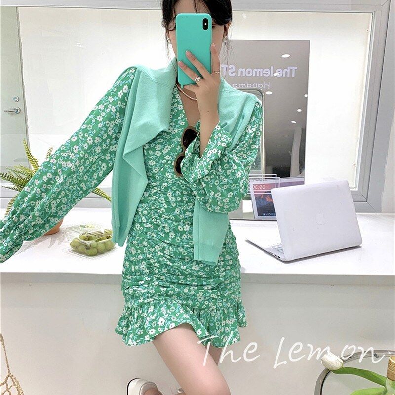 Korean Floral Long Sleeve Bodycon Dress
