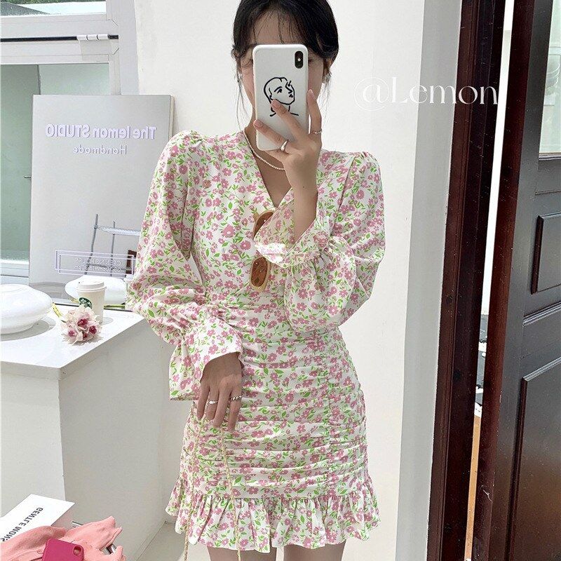 Vestido Ajustado Coreano de Flores Manga Larga view 2