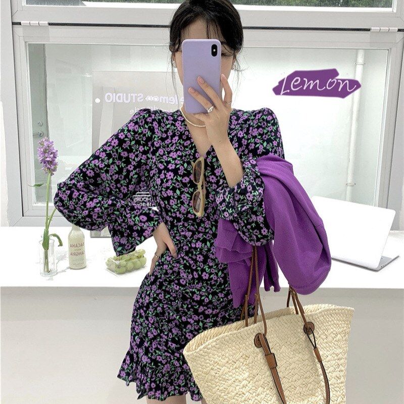 Vestido Ajustado Coreano de Flores Manga Larga view 3