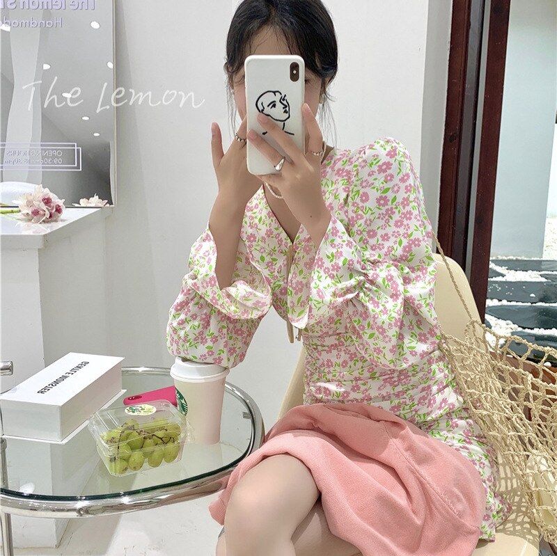 Vestido Ajustado Coreano de Flores Manga Larga view 4