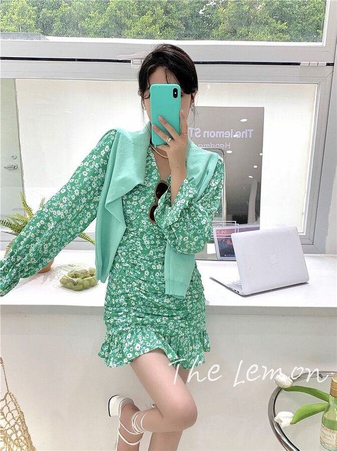 Vestido Ajustado Coreano de Flores Manga Larga view 6