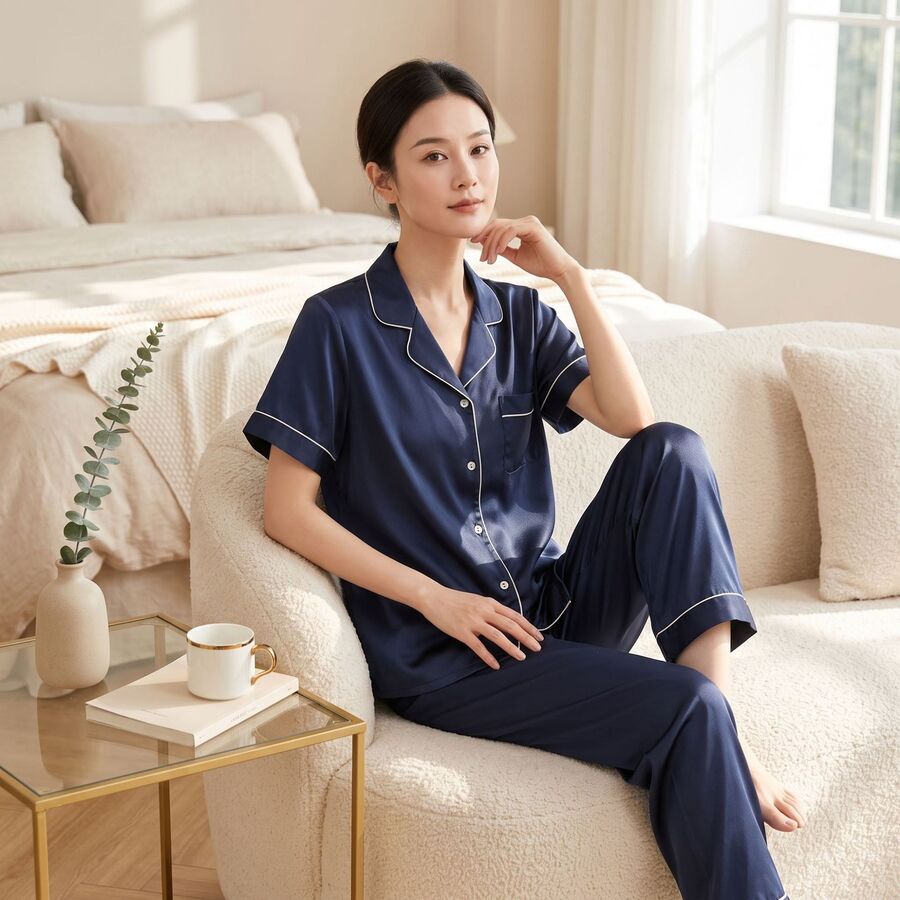 Satin-Seiden-Pyjama-Set mit kurzen Ärmeln view 3