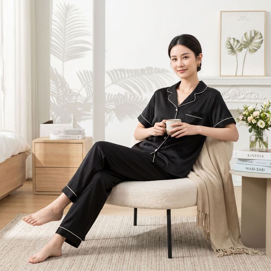 Satin-Seiden-Pyjama-Set mit kurzen Ärmeln view 4