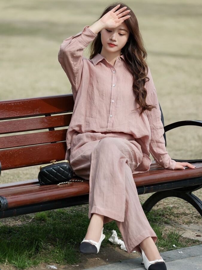Linen long sleeve shirt set