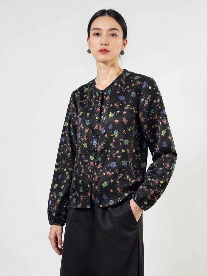 Silk floral print long sleeve jacket