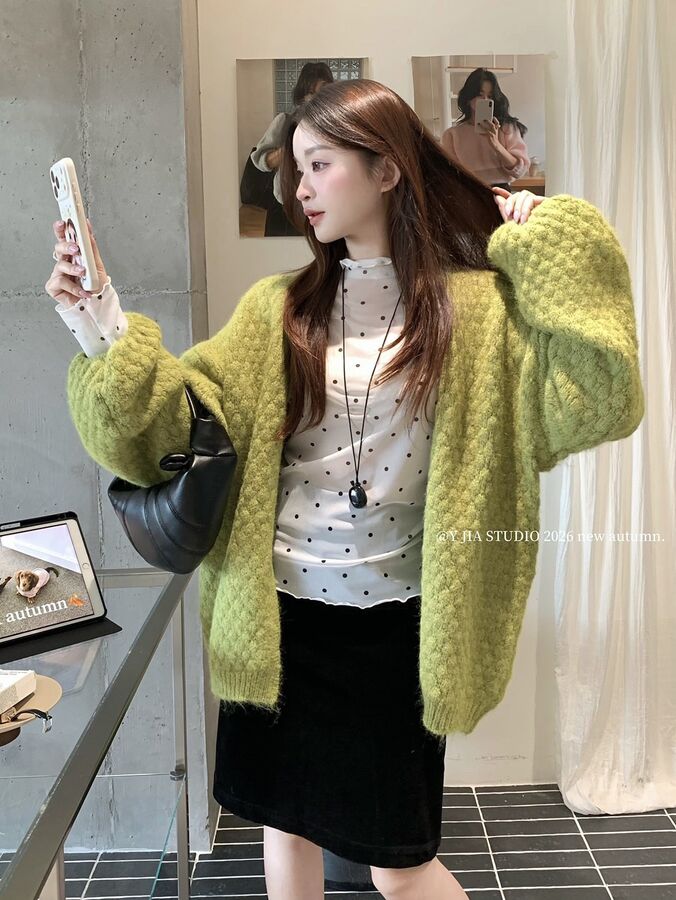 Korean Lazy Puff Plaid Cardigan Sweater