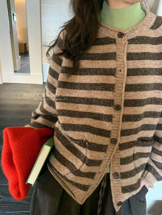Korean Vintage Striped Cardigan Sweater view 2