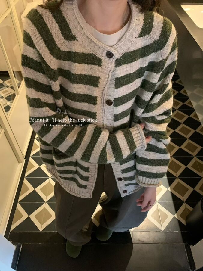 Korean Vintage Striped Cardigan Sweater view 3