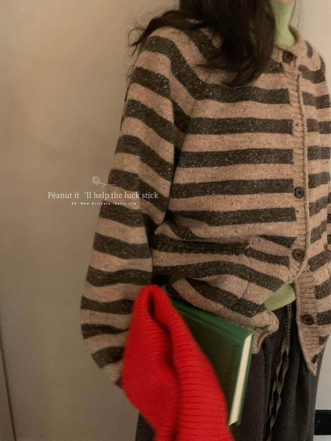 Korean Vintage Striped Cardigan Sweater view 4