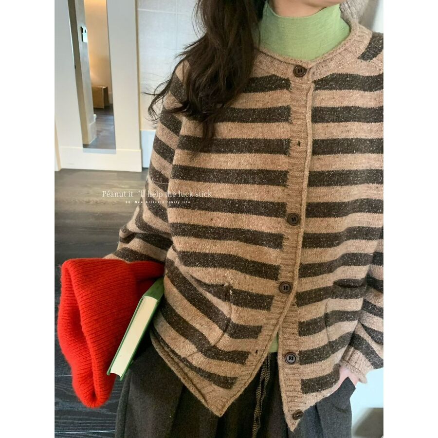 Korean Vintage Striped Cardigan Sweater view 6