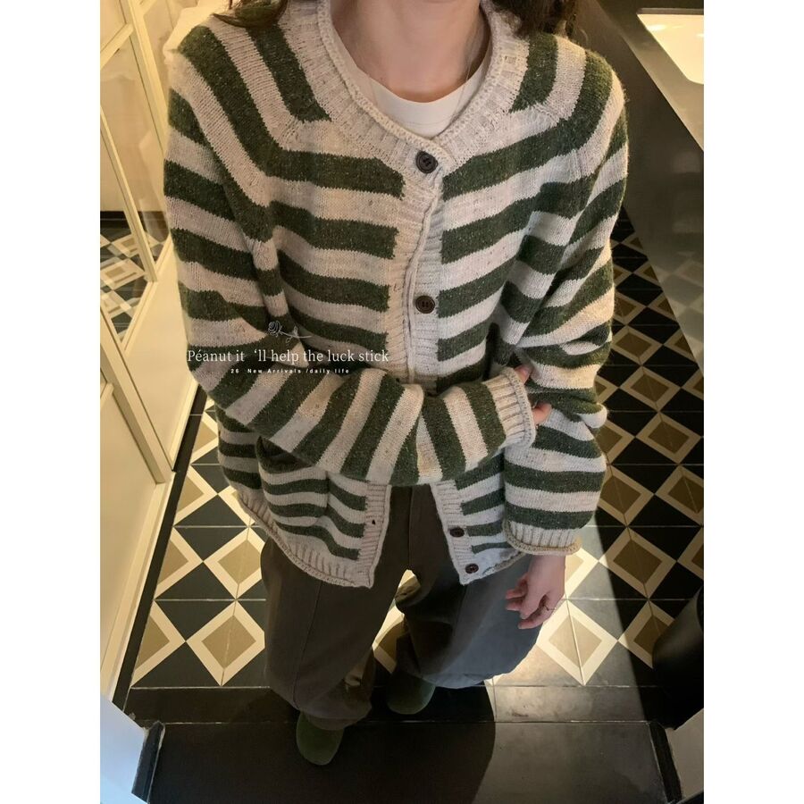 Korean Vintage Striped Cardigan Sweater view 7
