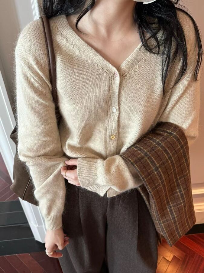 Lazy V-Neck Angora Cardigan Sweater
