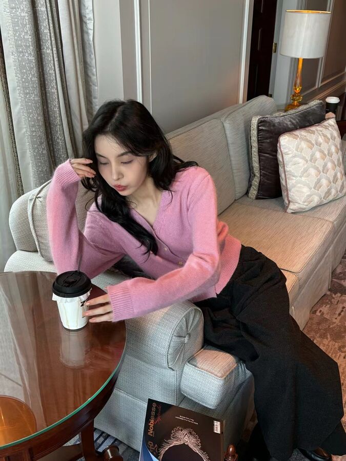 Lazy V-Neck Angora Cardigan Sweater view 2