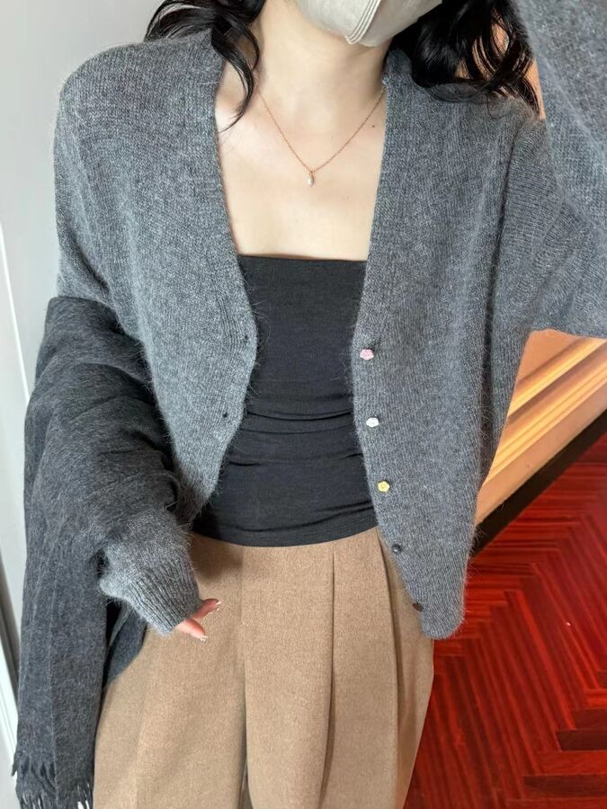 Lazy V-Neck Angora Cardigan Sweater view 4
