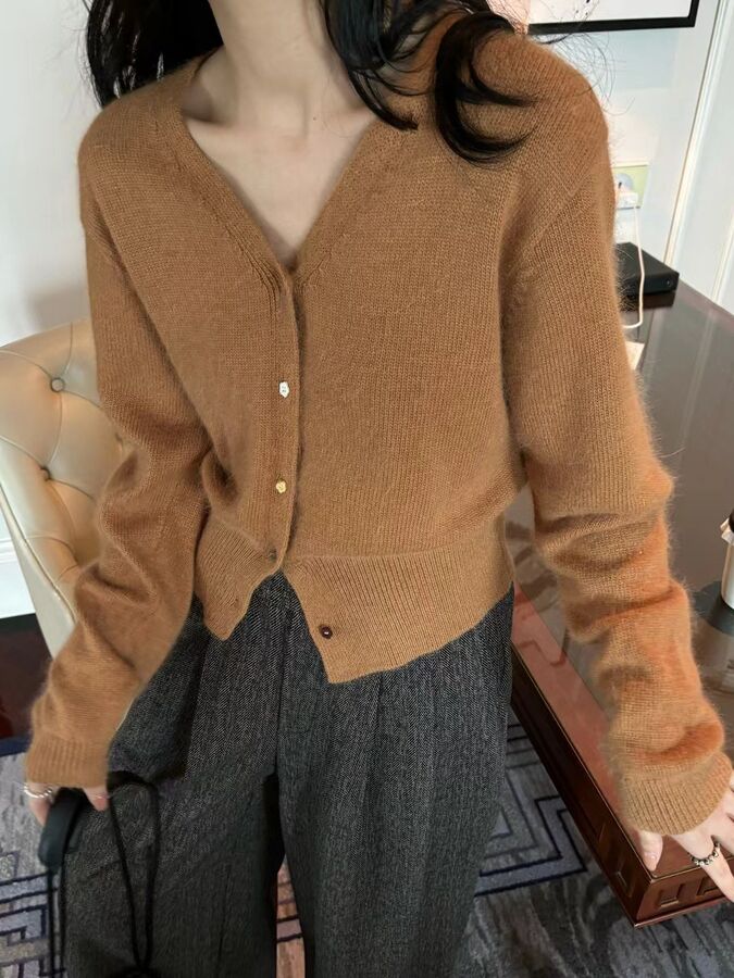 Lazy V-Neck Angora Cardigan Sweater view 5