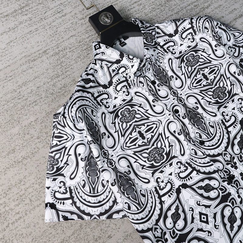 Black White Paisley Print Short Sleeve Shirt view 2
