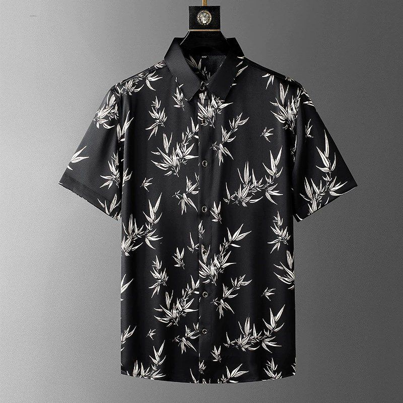 Black White Bamboo Print Short Sleeve Shirt view 3