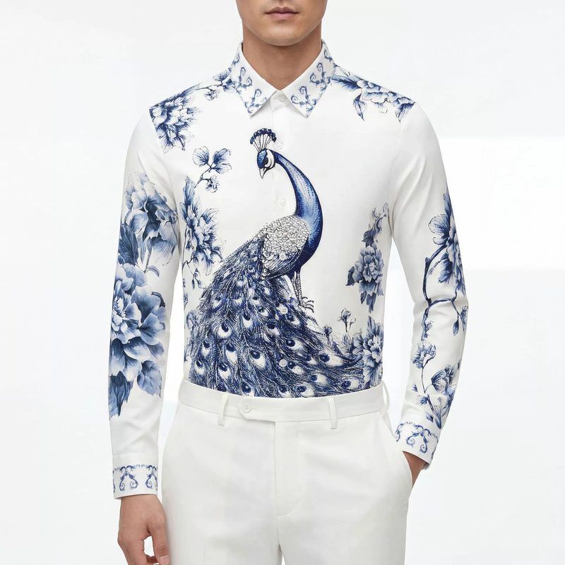 Blue White Porcelain Peacock Print Long Sleeve Shirt — Peacock Print Shirts shirt manufacturer China Man & Shirt